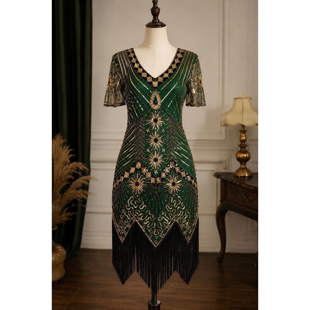 L 49 Green Gold Beaded Sequin Fringe Midi Dress 1920s Gatsby Flapper Halloween